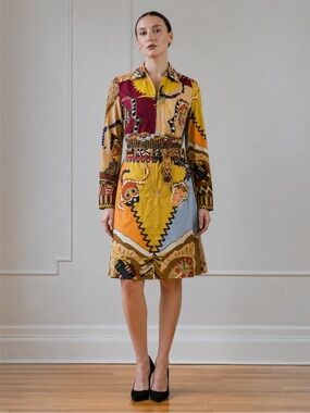 Etro Folk Mask Print Belted Cotton Shirt Dress IT 44 US 8 Made in Italy